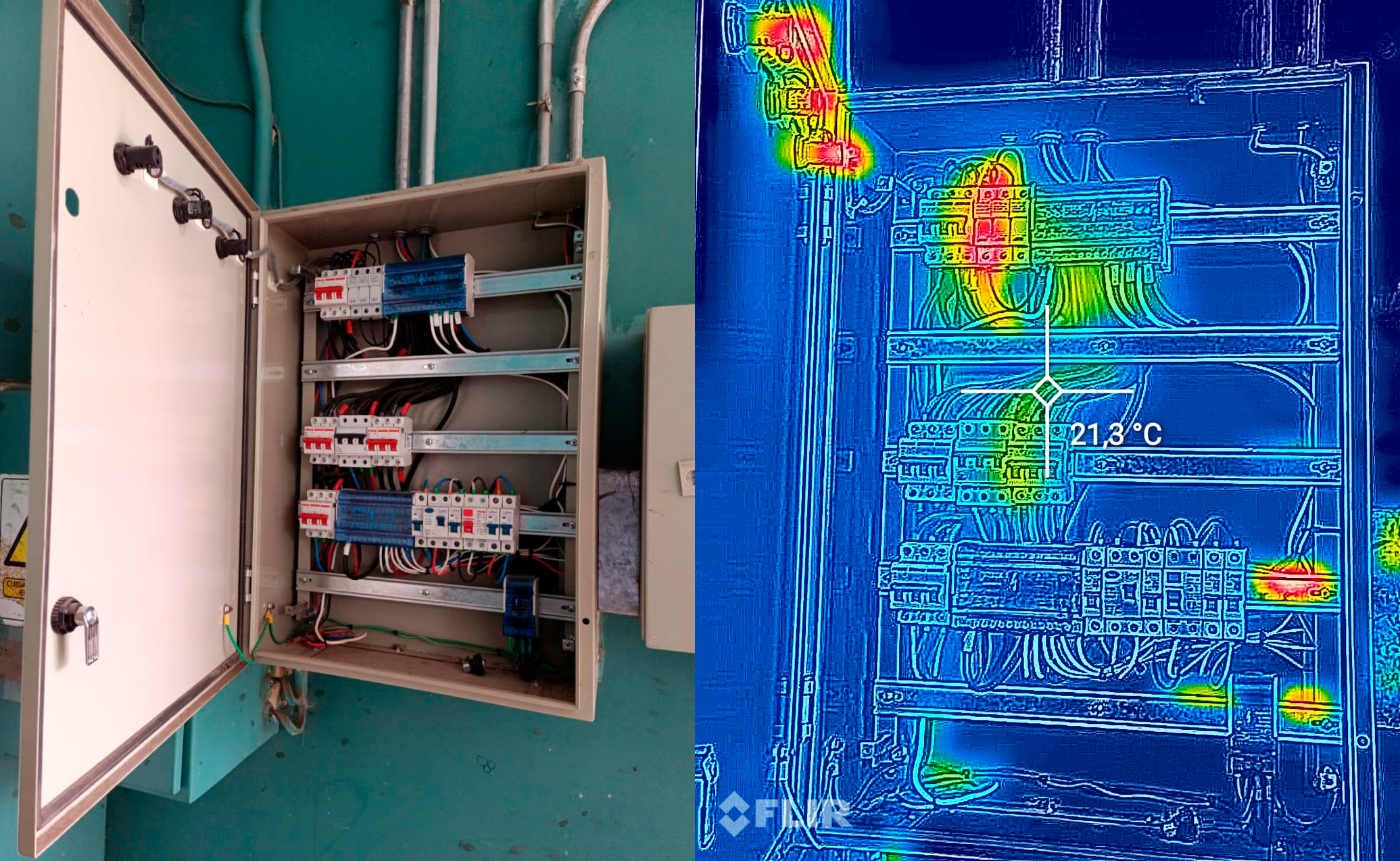 Comparación visual vs térmica de tablero eléctrico