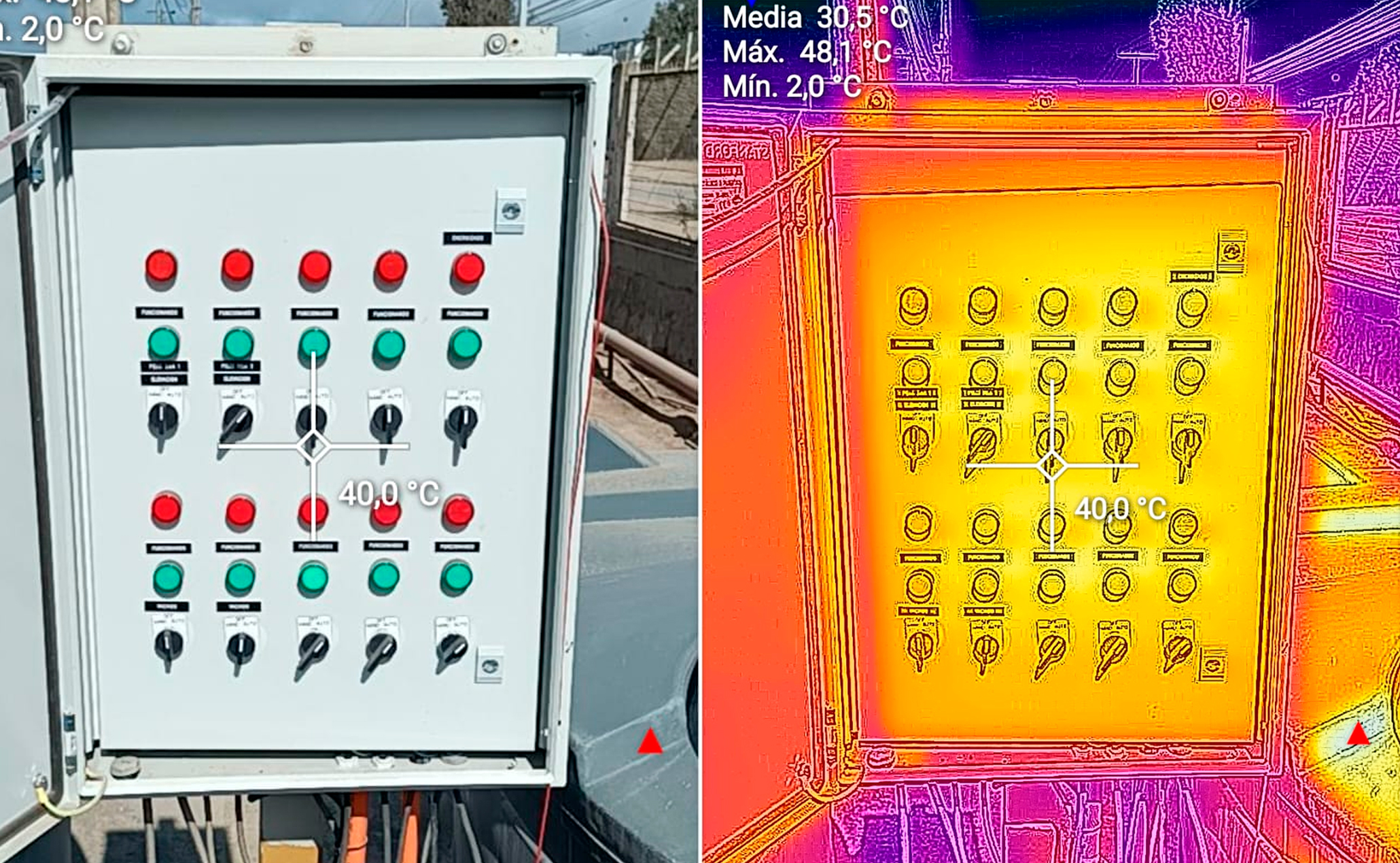 Comparación visual vs térmica - Tablero a 82°C